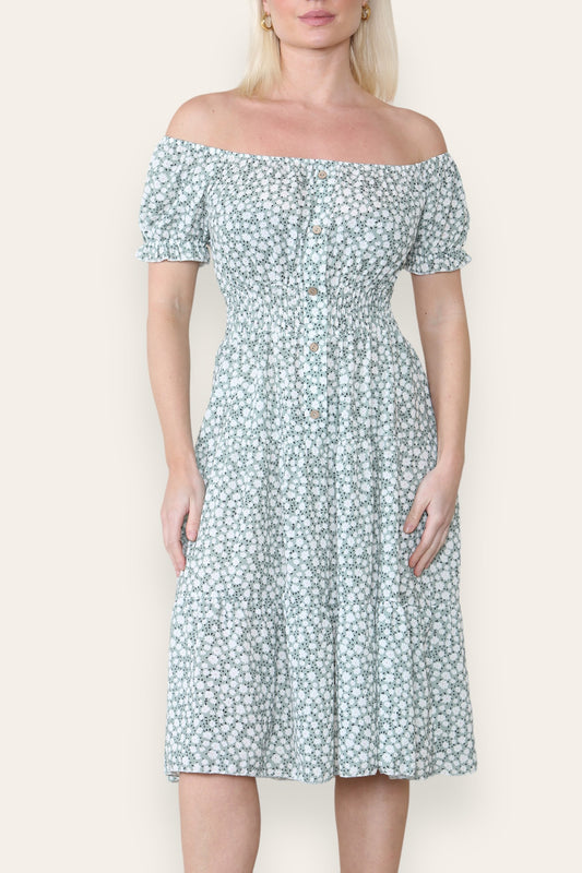 DITSY FLORAL PRINT MIDI DRESS KHAKI