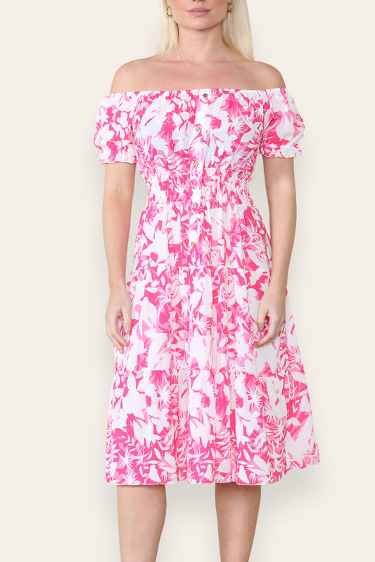 FLORAL SILHOUETTE PRINT MIDI DRESS CERISE