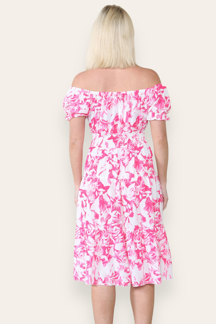 MIDI JURK MET BLOEMEN SILHOUET AFDRUK CERISE