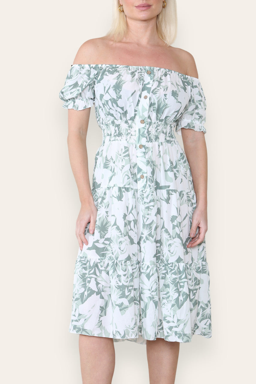 FLORAL SILHOUETTE PRINT MIDI JURK KHAKI