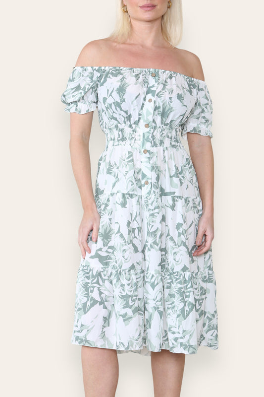 FLORAL SILHOUETTE PRINT MIDI DRESS KHAKI
