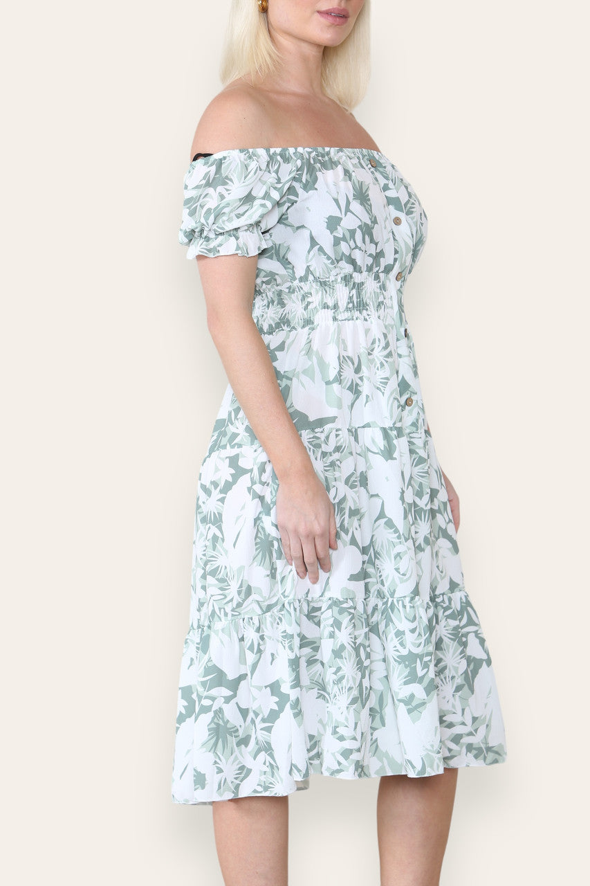 FLORAL SILHOUETTE PRINT MIDI JURK KHAKI