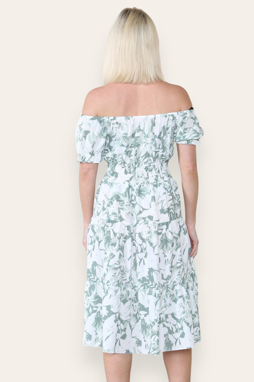 FLORAL SILHOUETTE PRINT MIDI JURK KHAKI