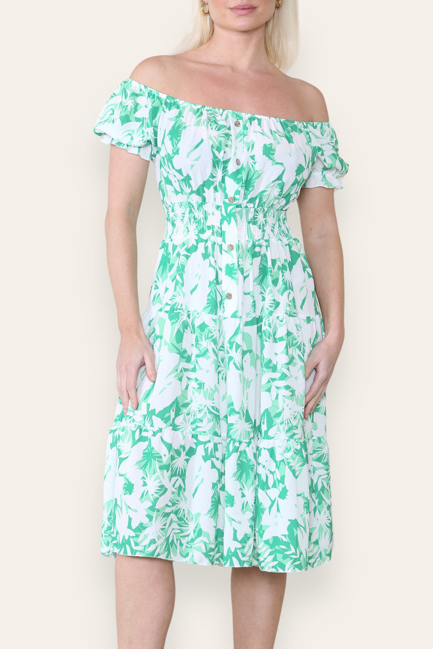 FLORAL SILHOUETTE PRINT MIDI DRESS GREEN