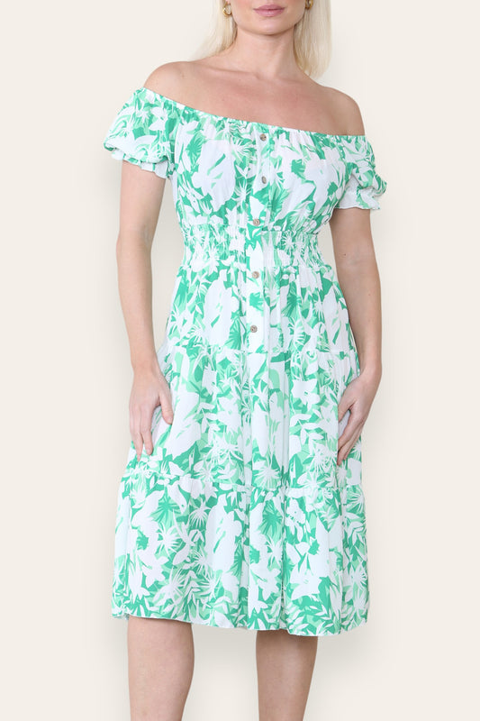 FLORAL SILHOUETTE PRINT MIDI DRESS GREEN
