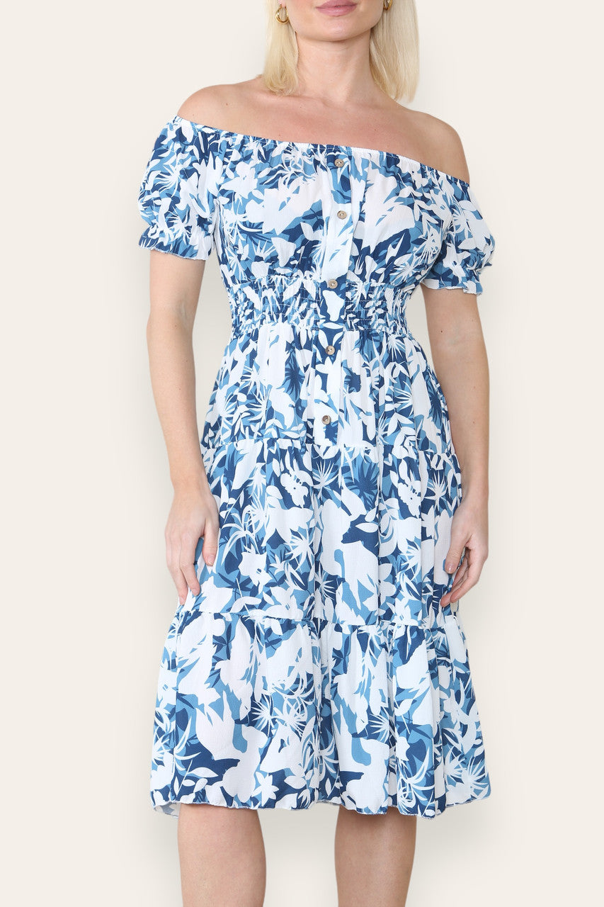 MIDI-JURK MET BLOEMENSILHOUET EN PRINT KONINGSBLAUW