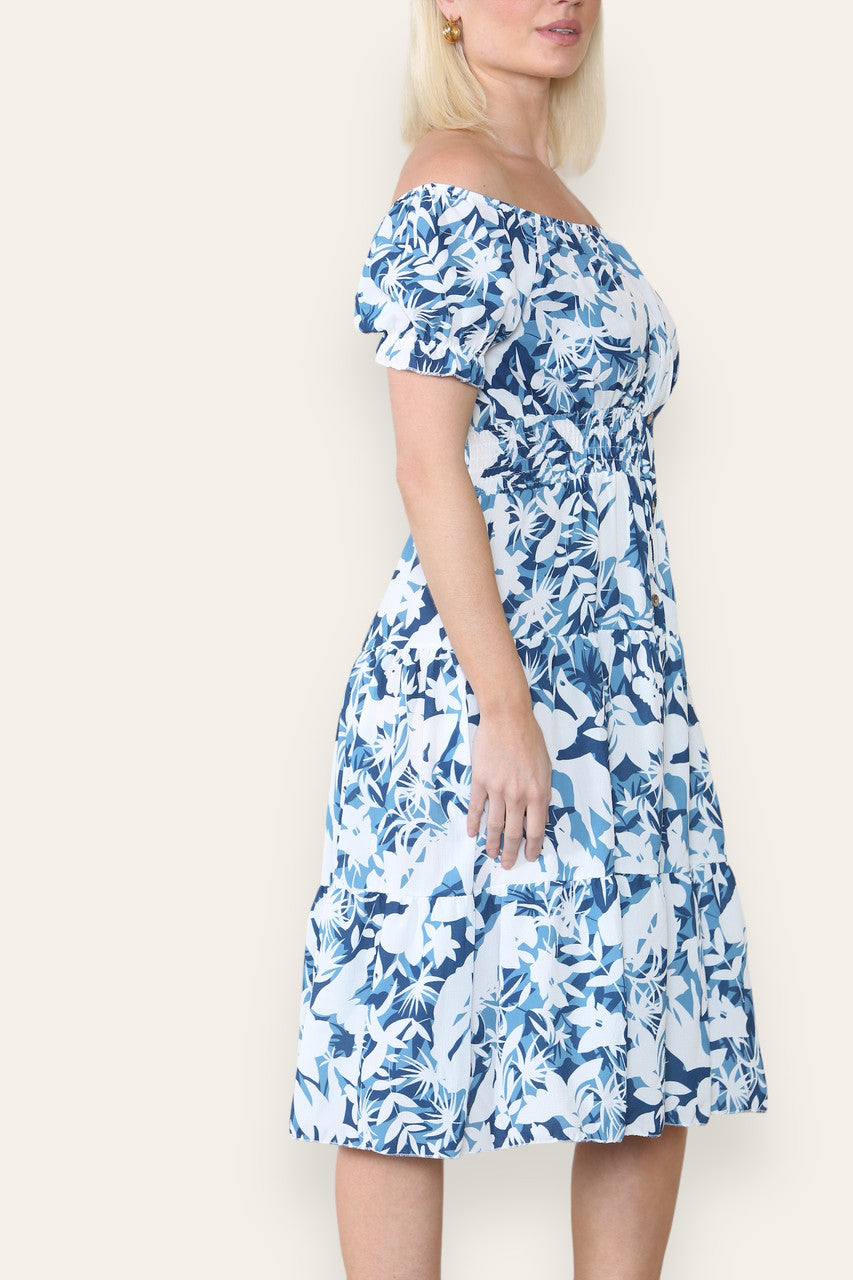 MIDI-JURK MET BLOEMENSILHOUET EN PRINT KONINGSBLAUW