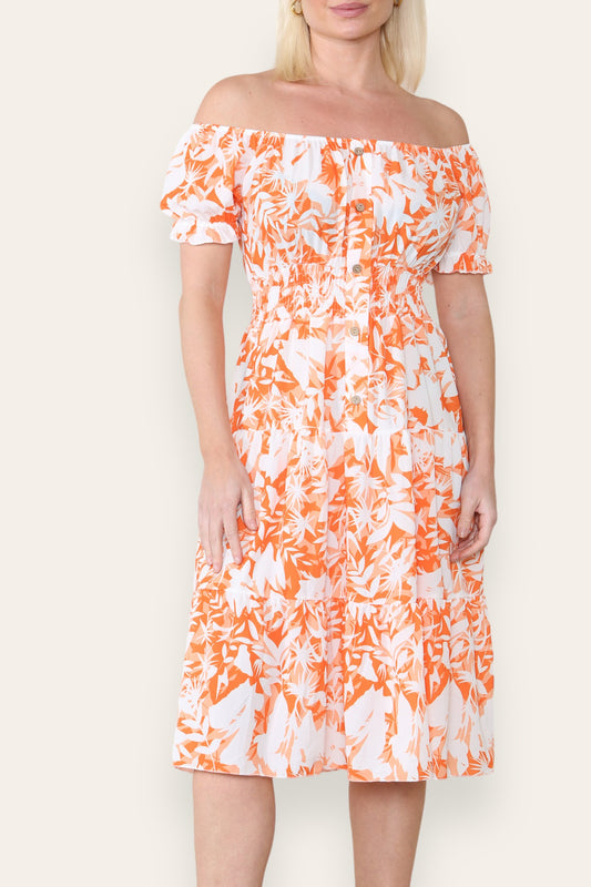 FLORAL SILHOUETTE PRINT MIDI DRESS ORANGE