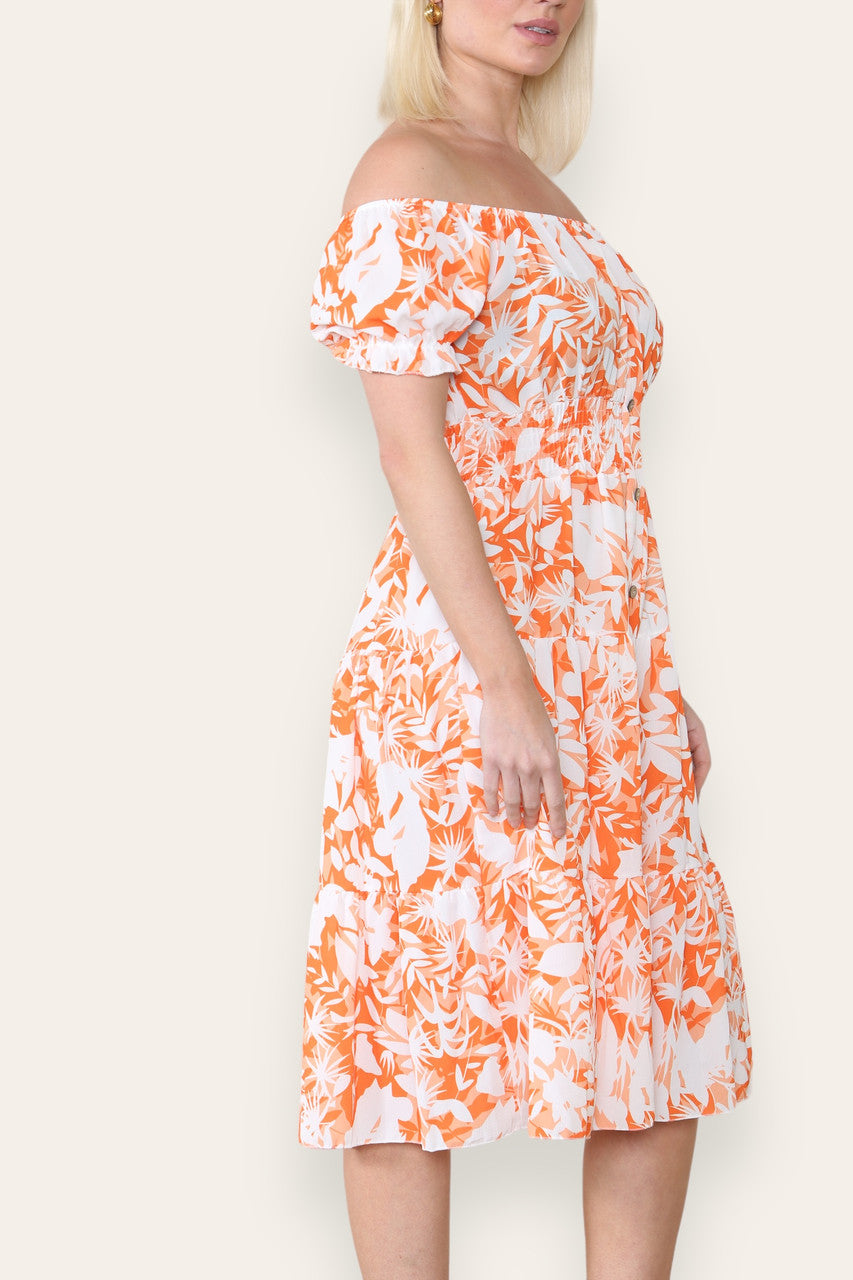 BLOEISILHOUET PRINT MIDI JURK ORANJE
