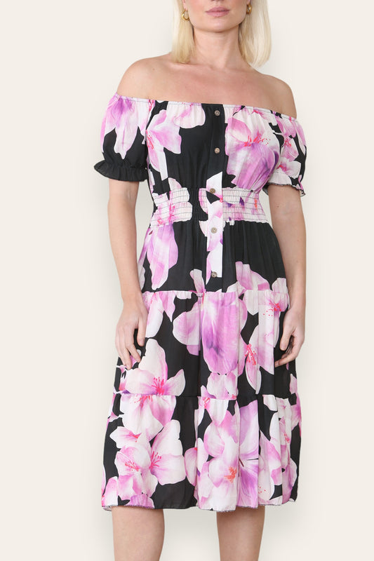 Aquarel Lelie Print Midi-jurk Zwart