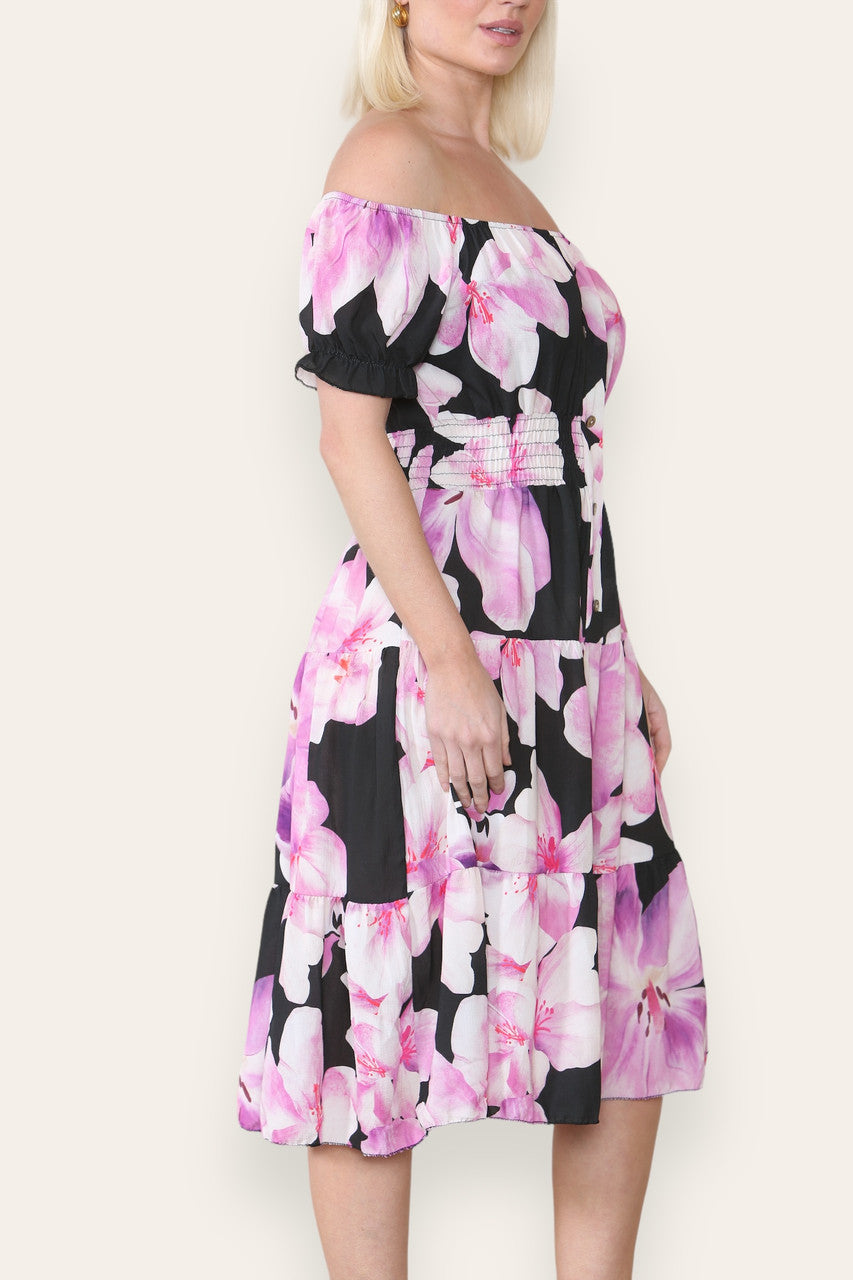 Aquarel Lelie Print Midi-jurk Zwart