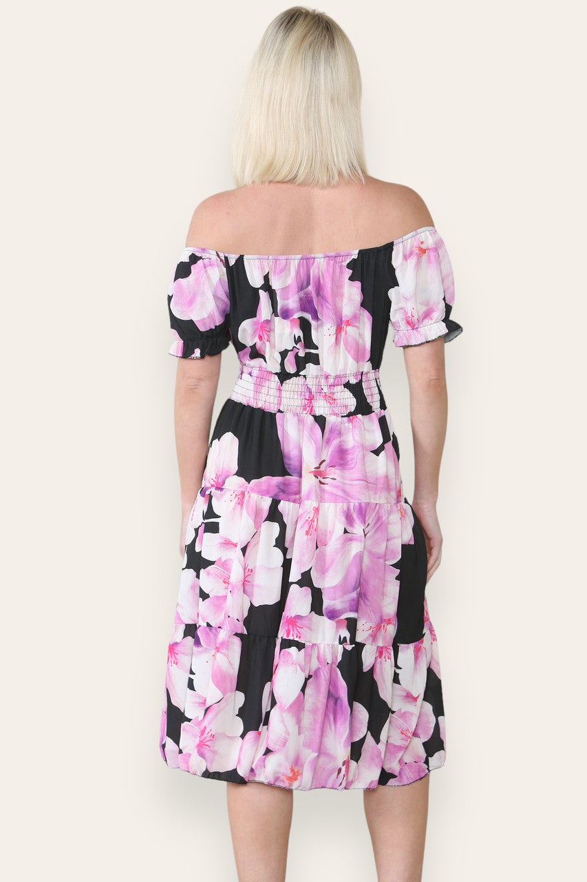Aquarel Lelie Print Midi-jurk Zwart