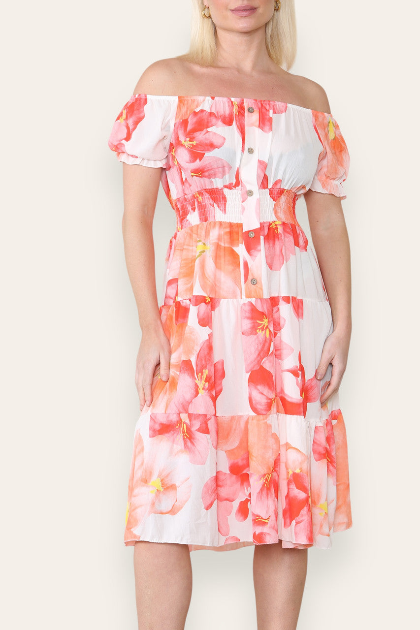 AQUAREL LELIE PRINT MIDI JURK ORANJE