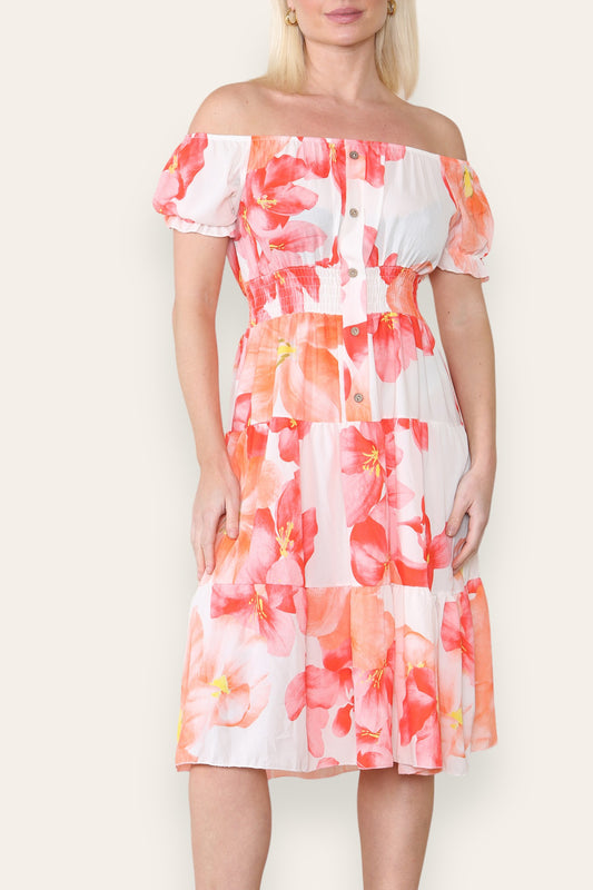 AQUAREL LELIE PRINT MIDI JURK ORANJE