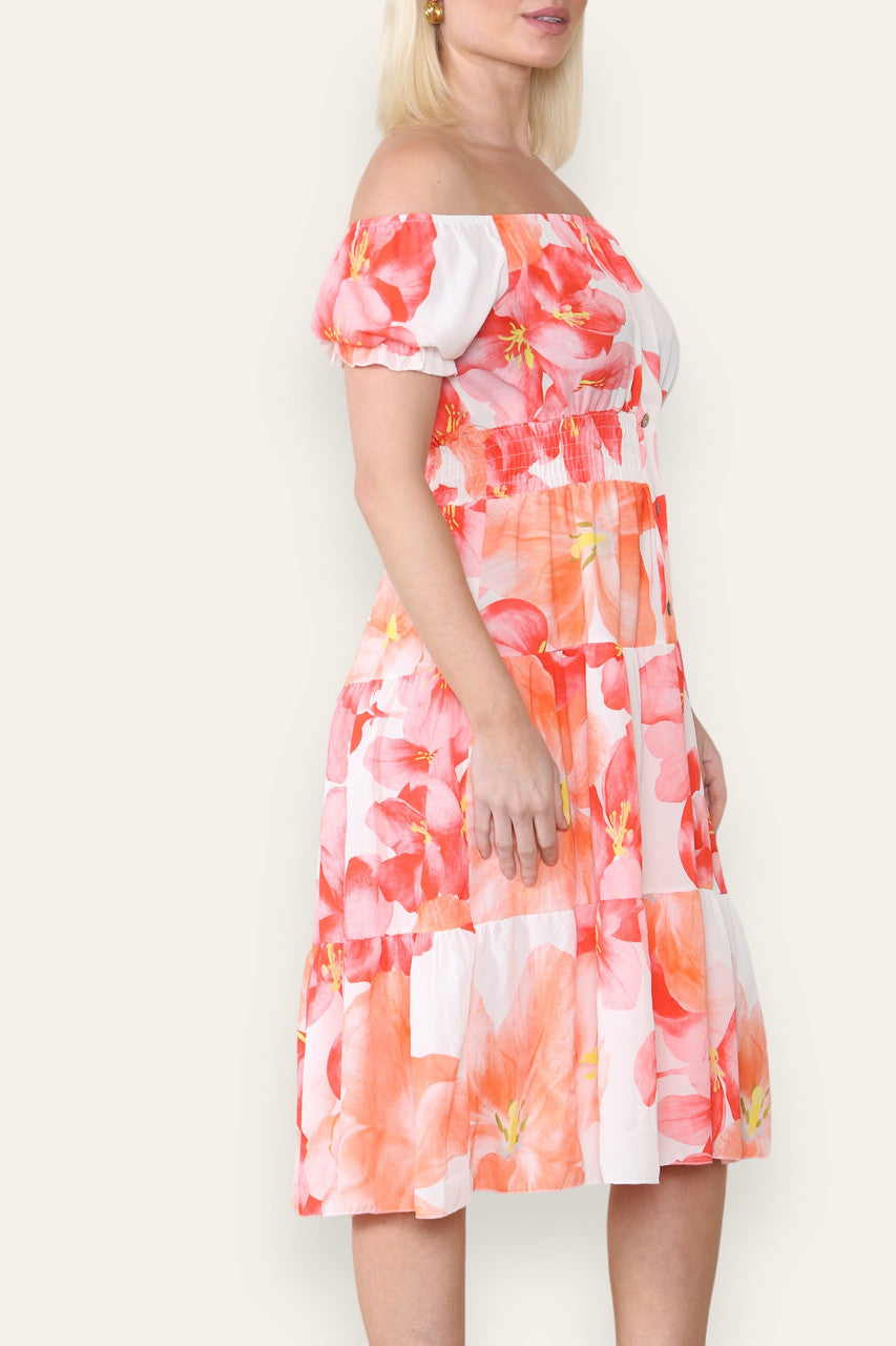 AQUAREL LELIE PRINT MIDI JURK ORANJE