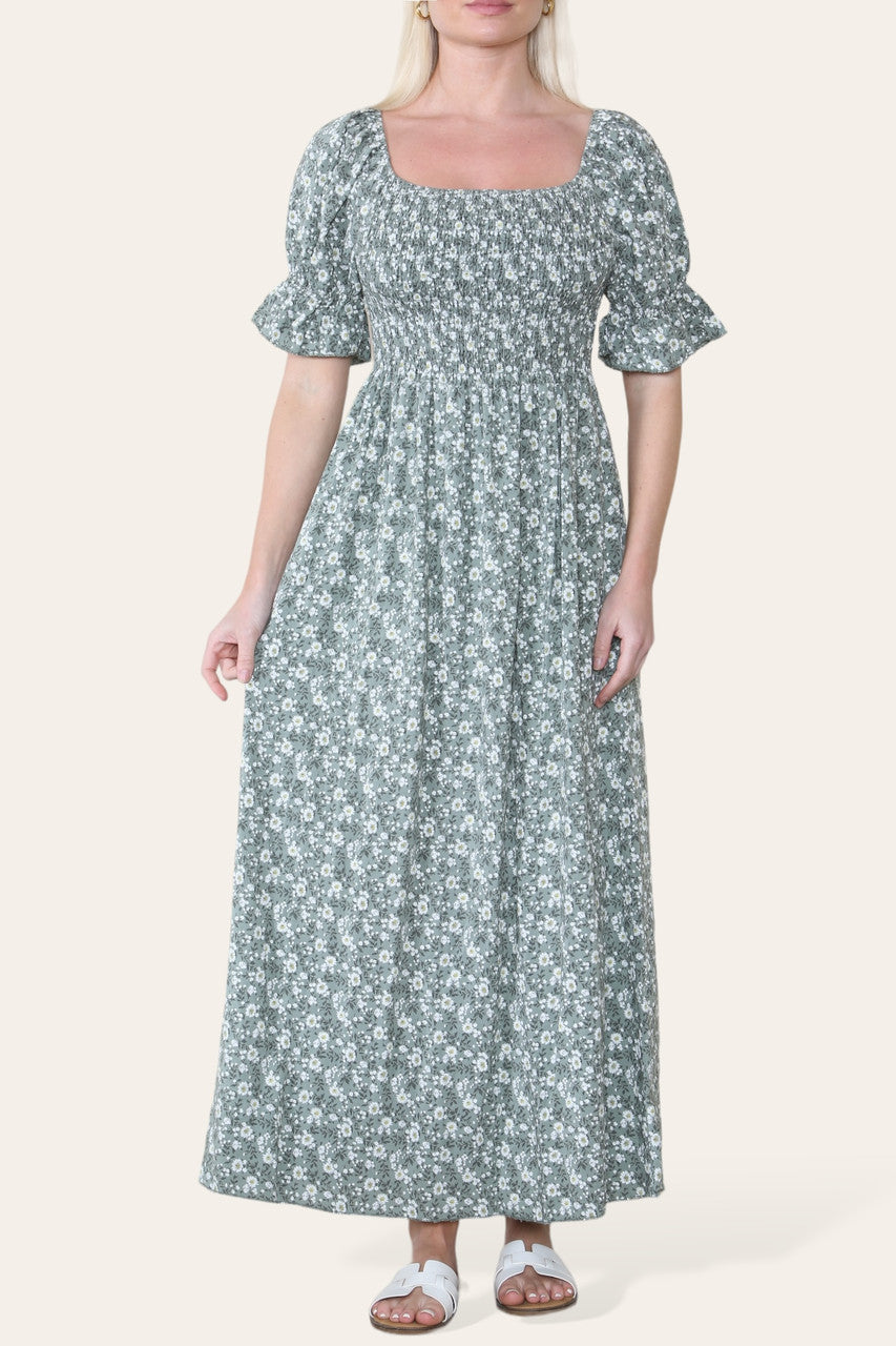 DITSY FLORAL BARDOT MAXI DRESS KHAKI