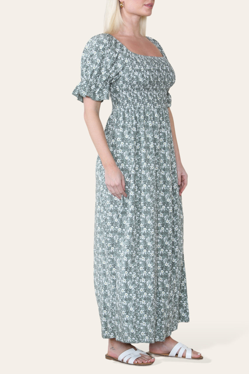 DITSY FLORAL BARDOT MAXI DRESS KHAKI