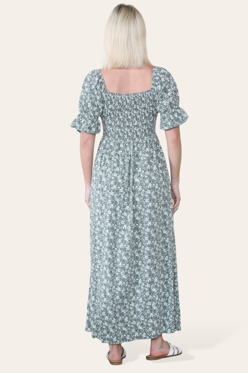 DITSY FLORAL BARDOT MAXI DRESS KHAKI