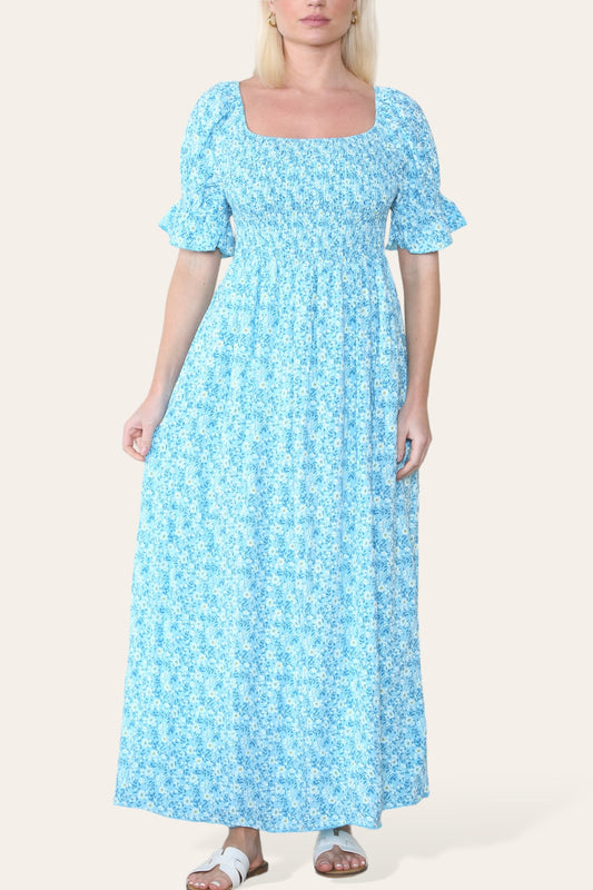DITSY FLORAL BARDOT MAXI DRESS TURQUOISE