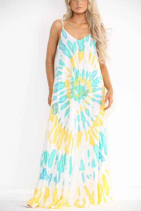 Ladies Tie Dye Print Strappy Dress Turquoise