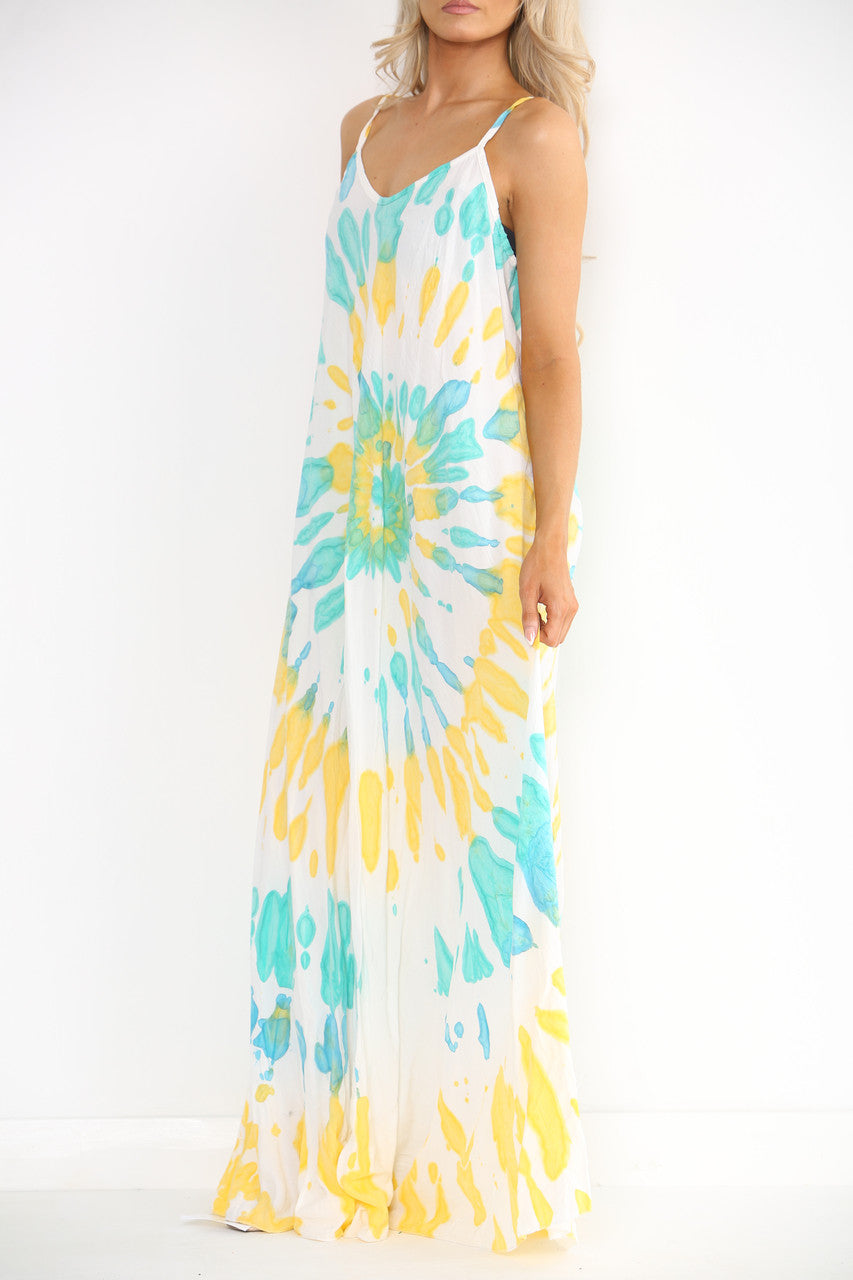 Ladies Tie Dye Print Strappy Dress Turquoise