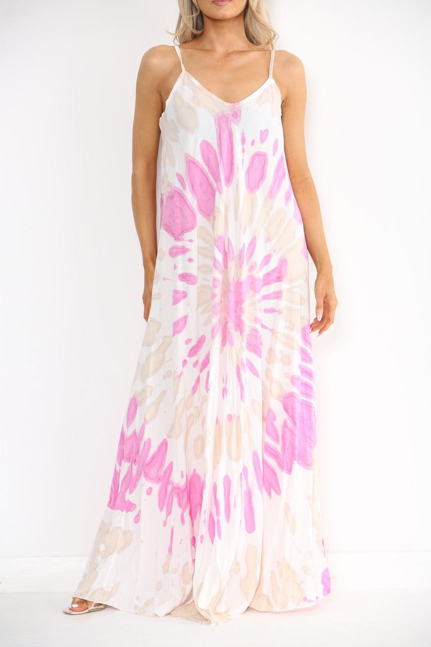 Ladies Tie Dye Print Strappy Dress Cerise
