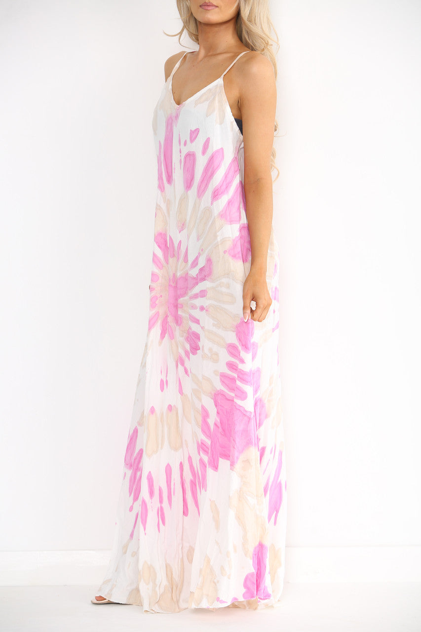 Ladies Tie Dye Print Strappy Dress Cerise