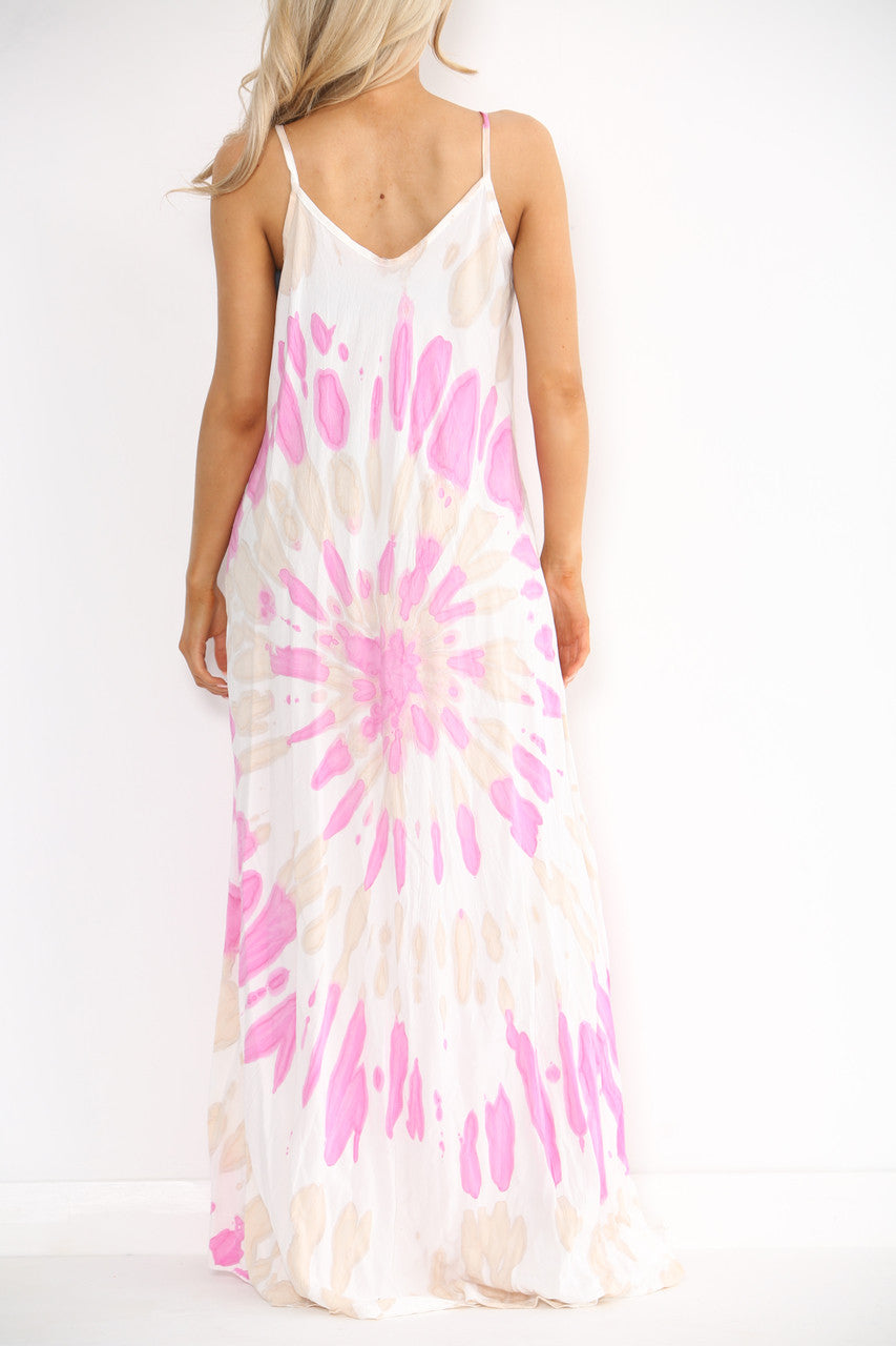Ladies Tie Dye Print Strappy Dress Cerise