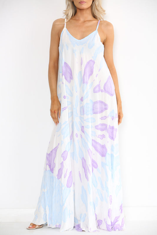 Ladies Tie Dye Print Strappy Dress Light Blue