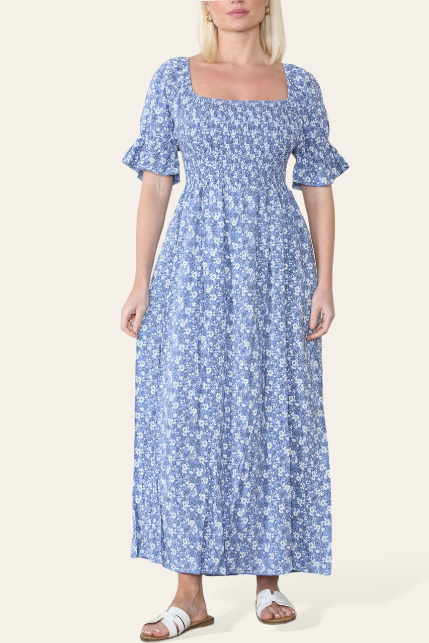 MAXIJURK MET BARDOT-HALS EN BLOEMENPRINT DENIM