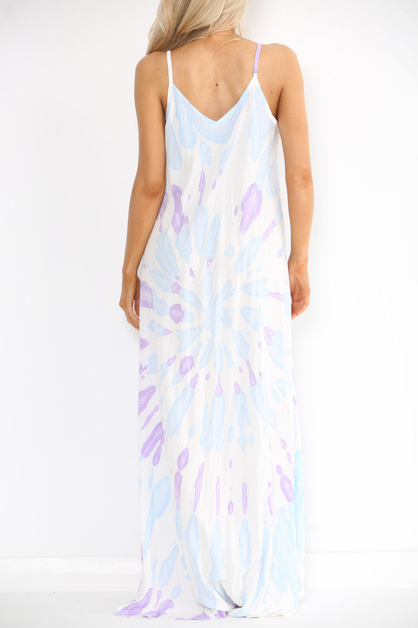 Ladies Tie Dye Print Strappy Dress Light Blue
