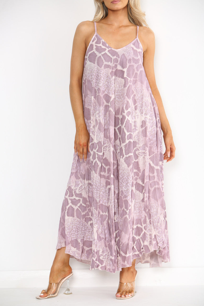 Ladies Abstract Animal Print Strappy Dress Dusty Pink