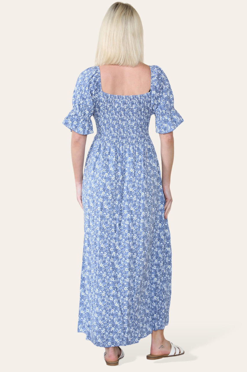 MAXIJURK MET BARDOT-HALS EN BLOEMENPRINT DENIM