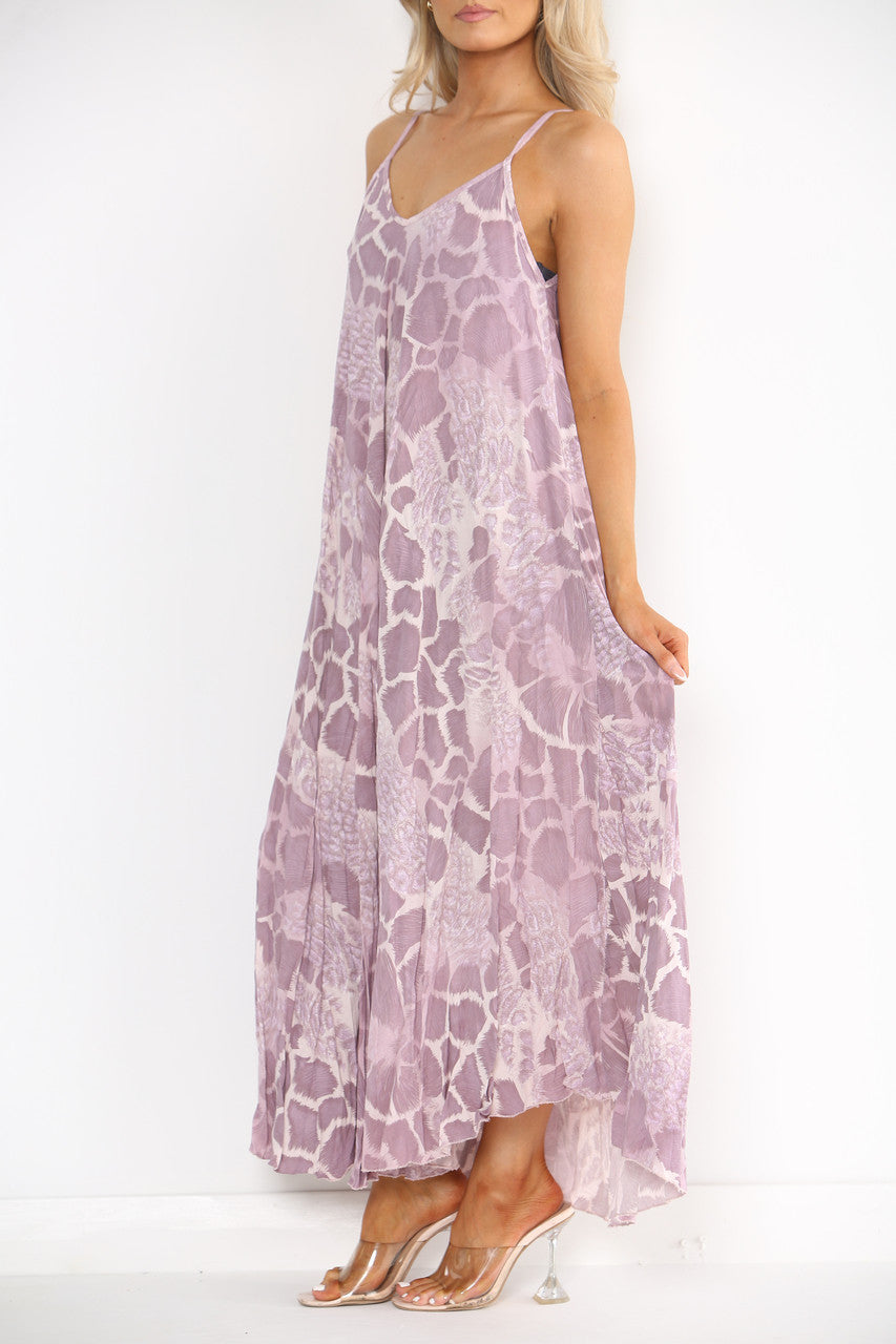 Ladies Abstract Animal Print Strappy Dress Dusty Pink