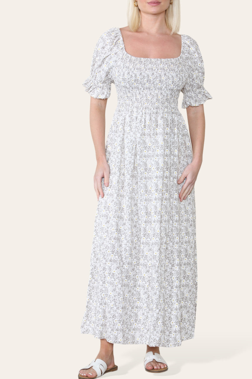 DITSY FLORAL BARDOT MAXI DRESS STONE
