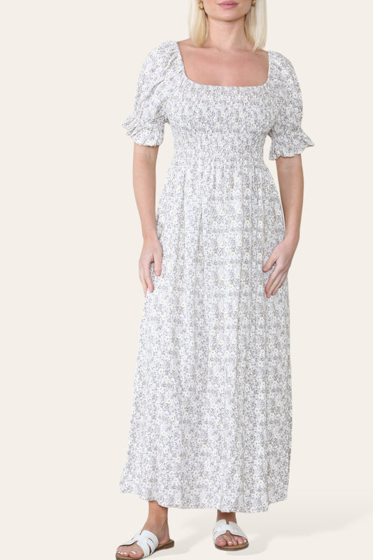 DITSY FLORAL BARDOT MAXI DRESS STONE