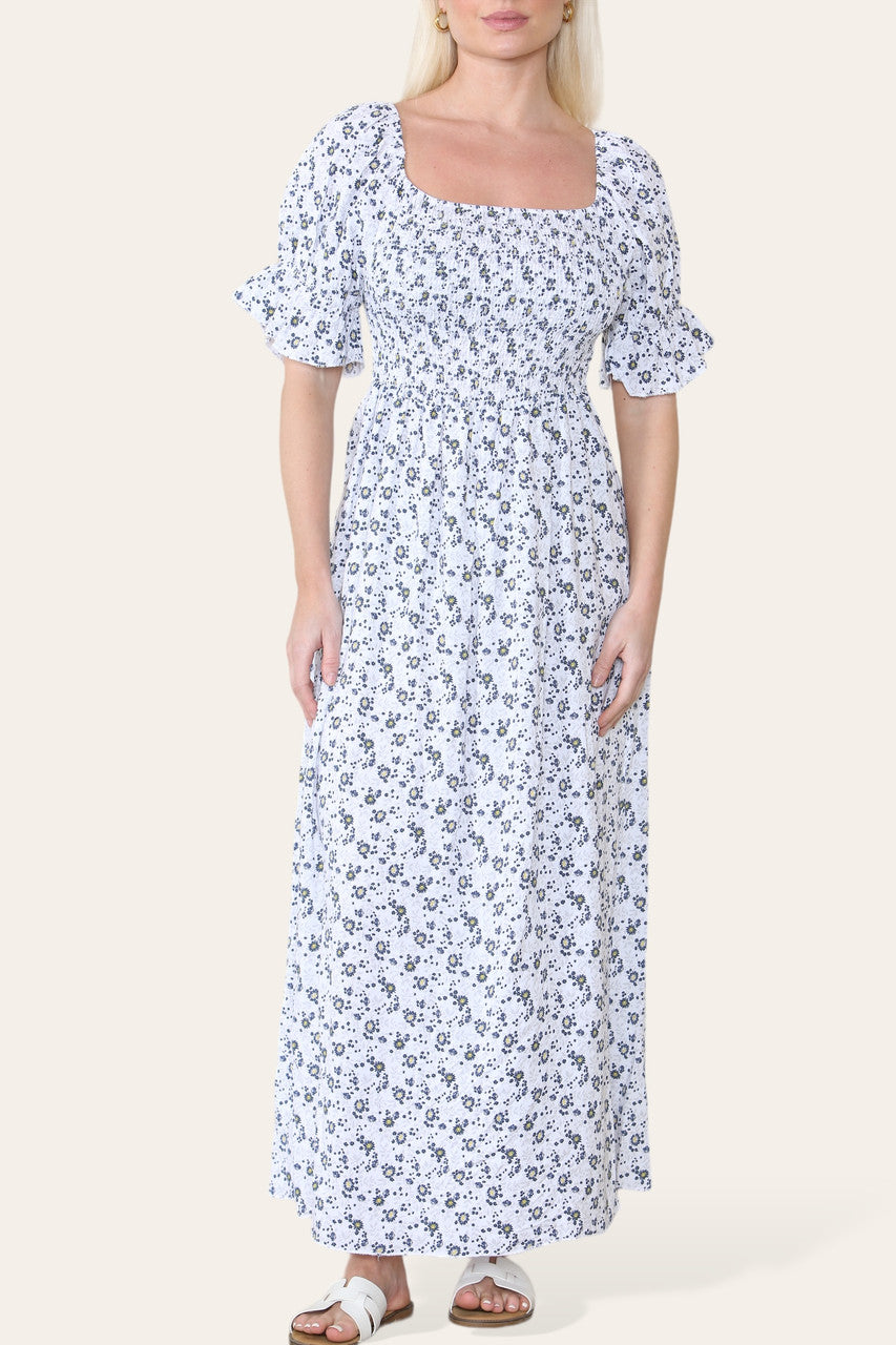 DITSY FLORAL BARDOT MAXI DRESS WHITE