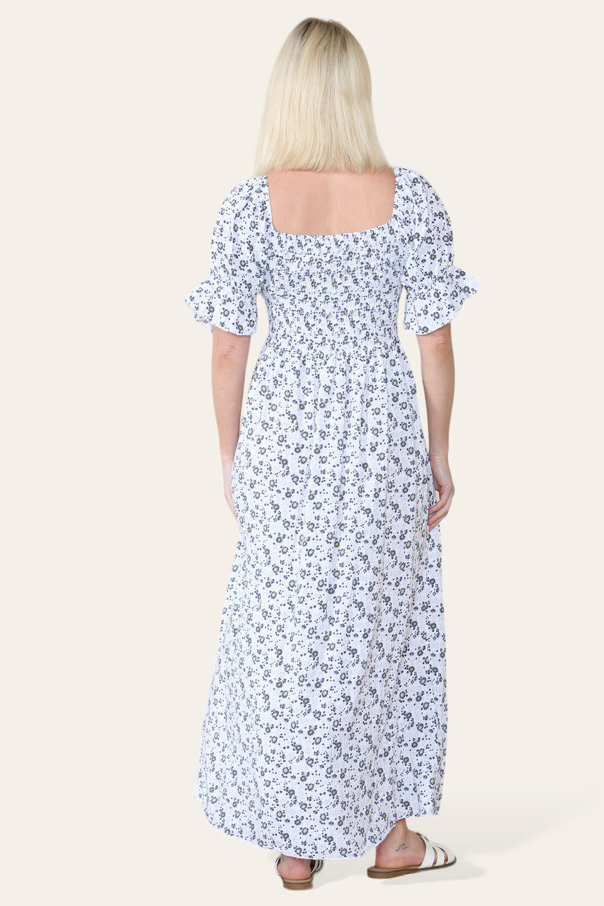 DITSY FLORAL BARDOT MAXI DRESS WHITE