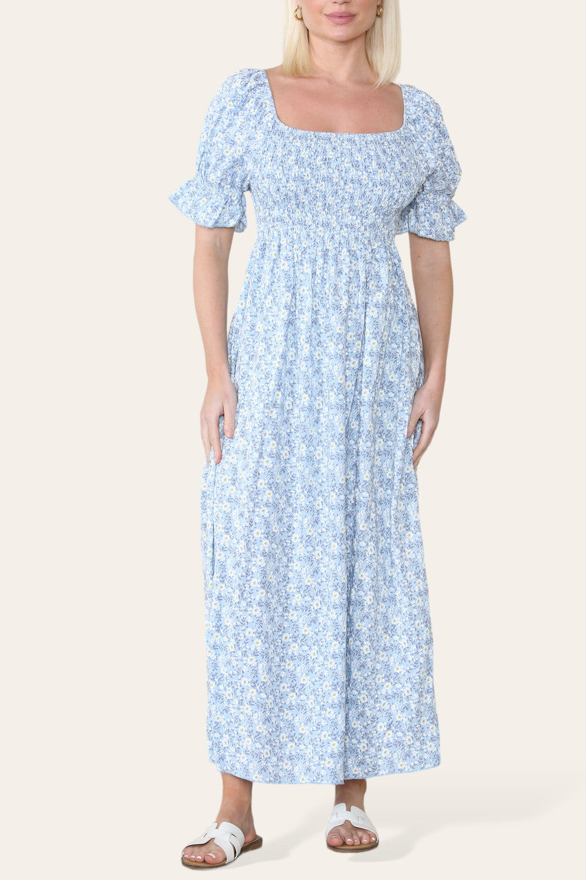 DITSY FLORAL BARDOT MAXI DRESS LIGHT BLUE