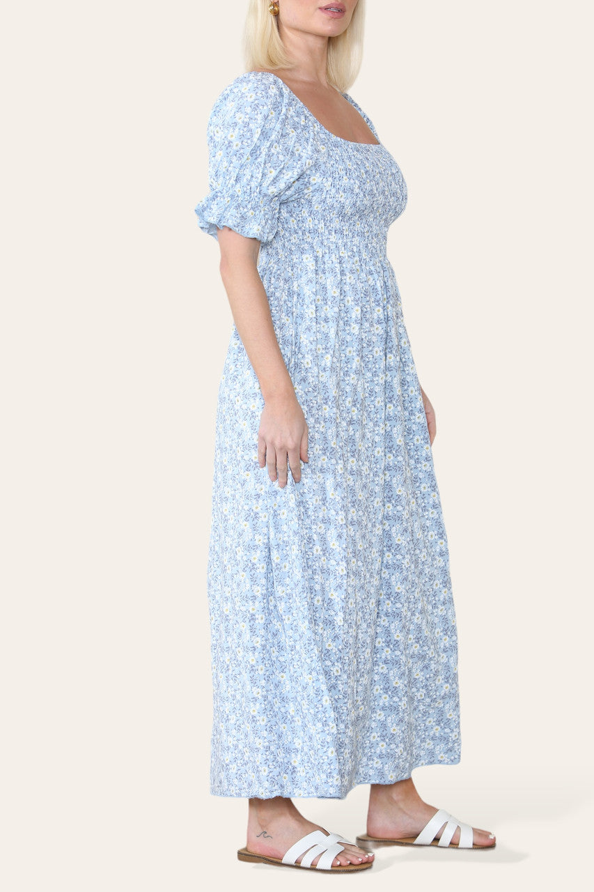DITSY FLORAL BARDOT MAXI DRESS LIGHT BLUE