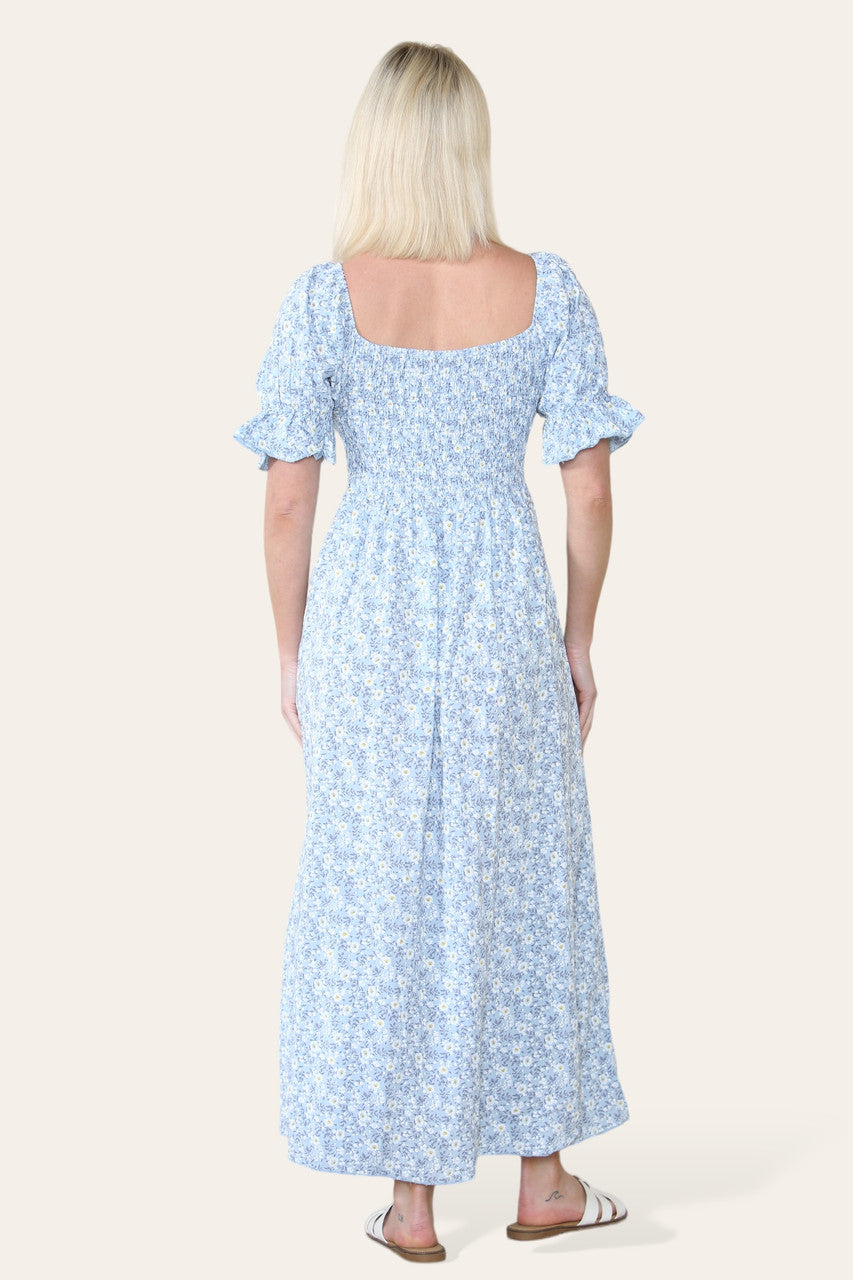 DITSY FLORAL BARDOT MAXI DRESS LIGHT BLUE