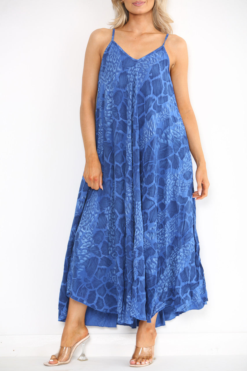Ladies Abstract Animal Print Strappy Dress Royal Blue
