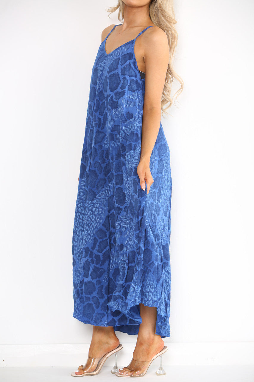 Ladies Abstract Animal Print Strappy Dress Royal Blue