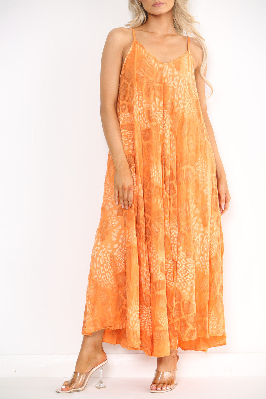 Ladies Abstract Animal Print Strappy Dress Orange