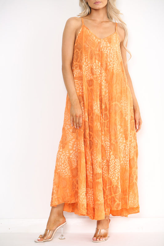 Ladies Abstract Animal Print Strappy Dress Orange