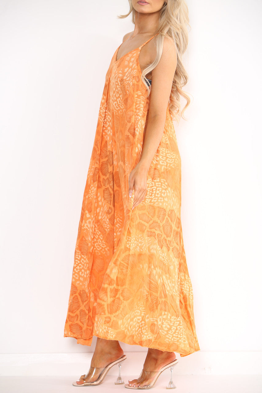 Ladies Abstract Animal Print Strappy Dress Orange