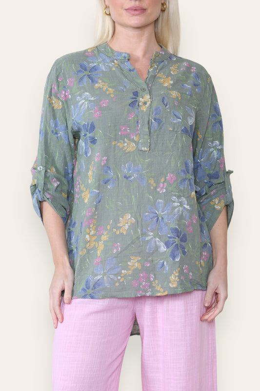 DITSY FLORAL MIX GRANDAD SHIRT BLOUSE - KHAKI