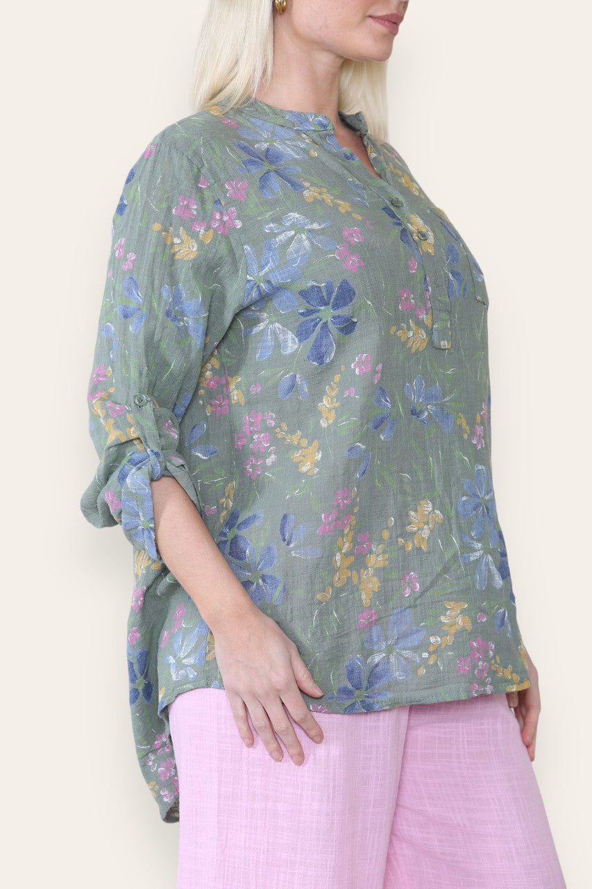 DITSY BLOEMENMIX GRANDAD SHIRT BLOUSE - KHAKI