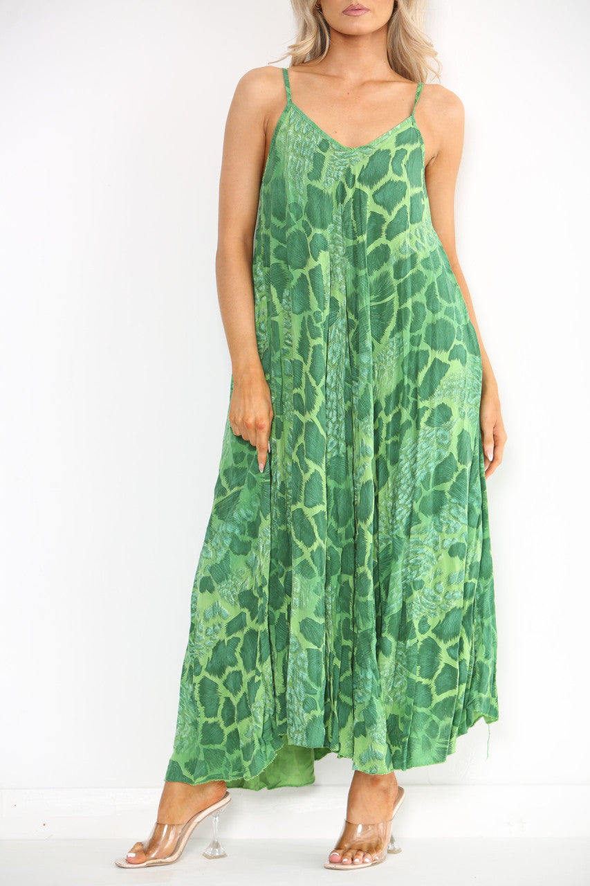 Dames Jurk met Abstracte Dierenprint en Spaghettibandjes Groen