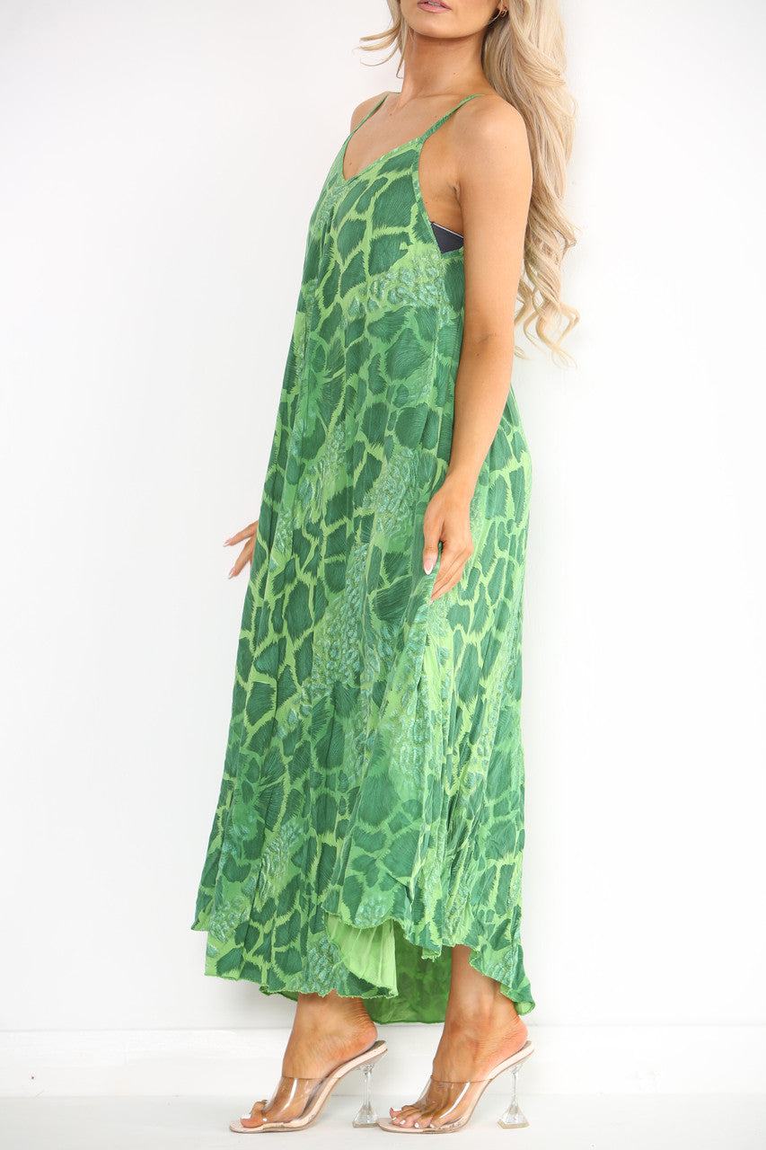 Dames Jurk met Abstracte Dierenprint en Spaghettibandjes Groen